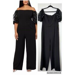 Xscape Jumpsuit Black Scuba Crepe Floral Puff Sleeves Wide Leg NWT Women’s 12
